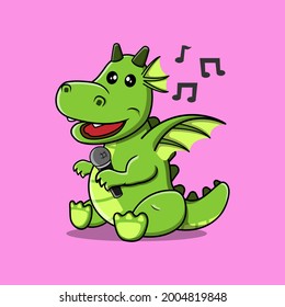 Cute Dragon Vector Illustration. Dragon Cartoon Character Singing Holding Microphone With Musical Scale. Children's Themed Illustration. Good for as icon, stickers, emoji, emoticon. 