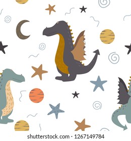 Cute dragon vector seamless pattern with stars, dinosaurs. Cartoon illustration for kids background, fabric for children.