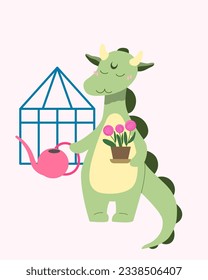 Cute dragon watering flowers. Chinese New Year 2024. Year of the Dragon. The symbol of the year. Funny dragon character, flat cartoon style