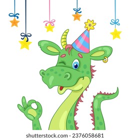 Cute dragon wearing a party hat shows OK. Portrait in cartoon style. Greeting card. Isolated on white background. Vector illustration. Chinese New Year symbol