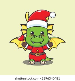 Cute dragon wearing santa costume. Cute christmas cartoon character illustration. 