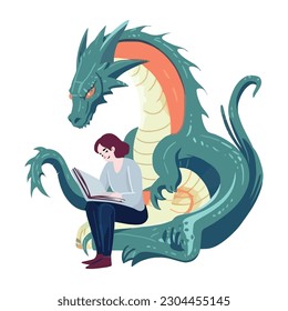 Cute dragon and woman reading book icon isolated