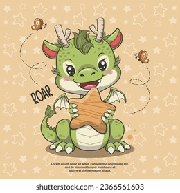 Cute Dragon With Wood Star And Butterfly, Vector Cartoon Illustration