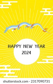 Cute dragon year 2024 New Year's greeting card, first sunrise and dancing dragon, New Year's postcard material, Vector Illustration