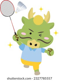 Cute dragon in the Year of the Dragon playing badminton sports