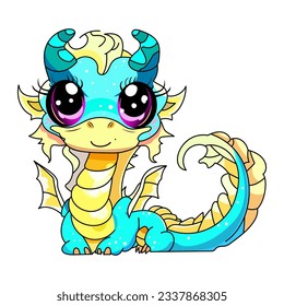 cute dragon yellow blue color vector drawing symbol of 2024