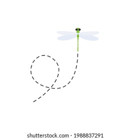 Cute dragonflies with dotted line route. Green dragonfly fling. Vector illustration isolated on white