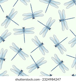 Patrón de dragonflies sin fisuras. Bonita ilustración vectorial plana de la mosca de la enmalle.