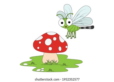 cute dragonfly animal cartoon with mushroom