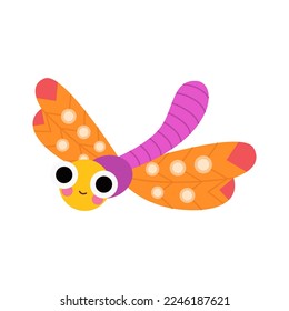 Cute dragonfly with big eyes and cheeks. Forest or garden insect, bug for children. Funny childish characters. Nature animal for prints, clothes, stickers, textile, baby shower. Cartoon vector