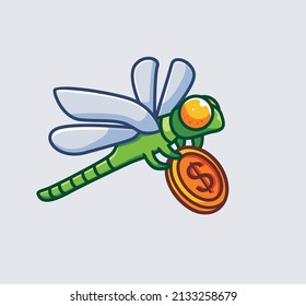 cute dragonfly bring a coin investment. isolated cartoon animal nature illustration. Flat Style suitable for Sticker Icon Design Premium Logo vector. Mascot Character
