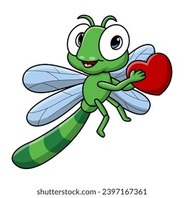 Cute dragonfly cartoon holding heart