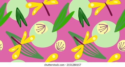 Cute dragonfly, dandelion and leaves seamless pattern. Flying insect print pattern. Floral background. Naive art. Simple design for fabric, textile print, wrapping, cover. Vector illustration