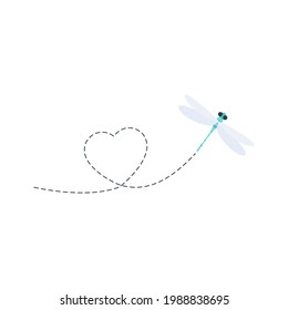 Cute dragonfly with dotted line route. Blue dragonfly fling in heart shape. Vector illustration isolated on white