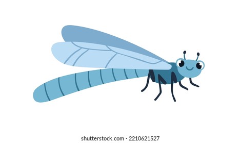 Cuta libélula. Feliz insecto volador con alas. Adorable carácter sonriente con emoción positiva. Ilustración de vector plana infantil aislada en fondo blanco