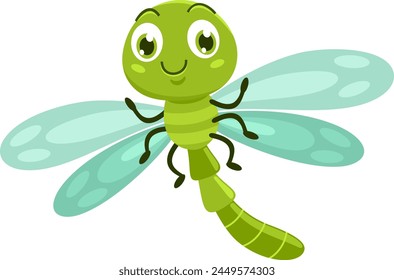 Cute Dragonfly Insect Cartoon Character Flying. Vector Illustration Flat Design Isolated On Transparent Background