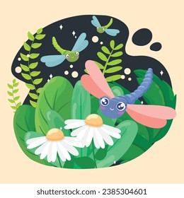 Cute dragonfly insect characters flying around leaves and flowers Vector