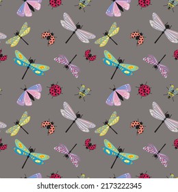Cute Dragonfly, ladybug, fly, seamless pattern, Housefly Insect Vector Drawing, colourful design.