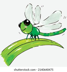 Cute libélula sobre la hoja verde, vector pintado a mano.