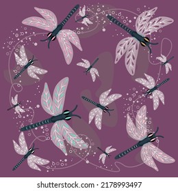 Cute Dragonfly, vector illustration, Housefly Insect Vector Drawing, colourful design. On dark pink background.