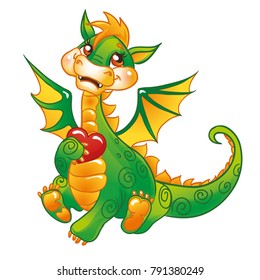 Cute dragon-lover holds a heart. Isolated on a white background.