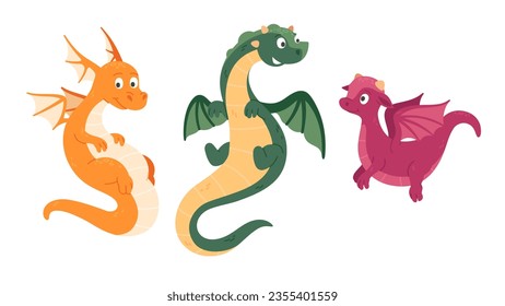 Cute dragons animals set. Funny smiling child monsters cartoon characters collection. Childish fantasy reptile creatures. Ancient legend mythology beasts concept flat style vector illustration