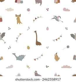 Cute dragons and dinosaurs. Seamless pattern. Template for print, textile, paper. Vector illustration in flat style.