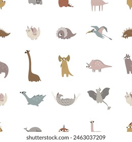 Cute dragons and dinosaurs. Seamless pattern. Template for print, textile, paper. Vector illustration in flat style.