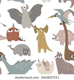 Cute dragons and dinosaurs. Seamless pattern. Template for print, textile, paper. Vector illustration in flat style.