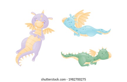 Cute Dragons as Horned and Winged Four-legged Creature from Fairytale Vector Set