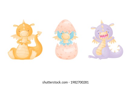 Cute Dragons as Horned and Winged Four-legged Creature from Fairytale Vector Set