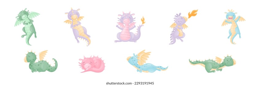 Cute Dragons as Horned and Winged Four-legged Creature from Fairytale Vector Set