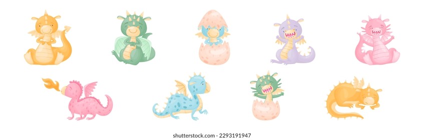 Cute Dragons as Horned and Winged Four-legged Creature from Fairytale Vector Set