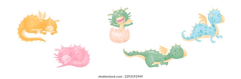 Cute Dragons as Horned and Winged Four-legged Creature from Fairytale Vector Set