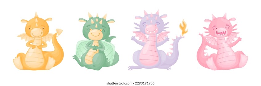 Cute Dragons as Horned and Winged Four-legged Creature from Fairytale Vector Set