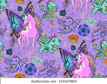 Cute dragons and Magic Unicorn. Seamless pattern. Will be well to look in the design of children's room - design curtains, wallpapers, fabrics for furniture.
