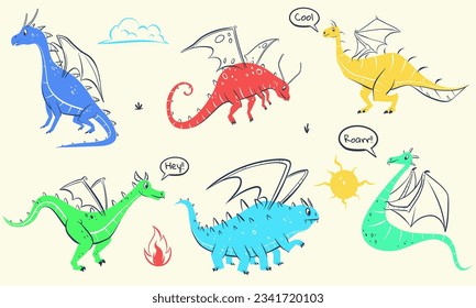 Cute dragons set. Hand drawn. Doodle cartoon dragons characters for nursery posters, cards, kids t-shirts. Vector illustration. Isolated on white background.