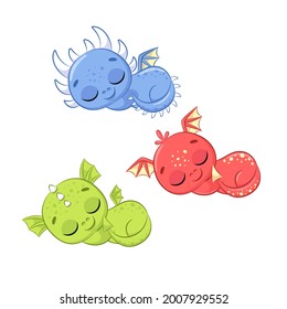 Cute dragons are sleeping. Cartoon vector illustration.