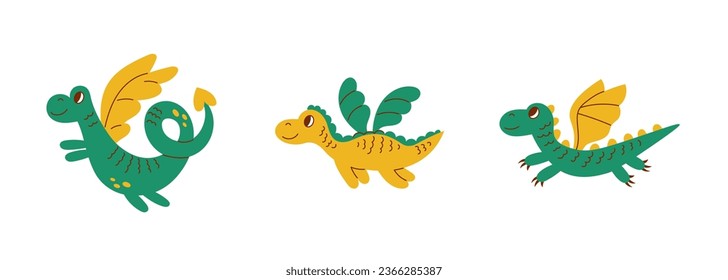 Cute dragons vector set. Childish collection with adorable flying dragons. Fantastic animal clip art.