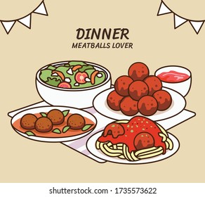 Cute ziehen Abendessen Sammlung: 3 Fleischbällchen mit gesundem grünem Salat. Geschmackvolle Abendessen Restaurant Produkt Vektor Illustration flache Cartoon Zeichnung.