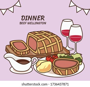 Cena de dibujos animados: carne tradicional wellington con salsa, puré de patatas, ensalada y vino tinto. Cena deliciosa cena restaurante producto vectorial ilustración de dibujos animados planos.