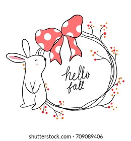 Cute draw vector illustration adorable rabbit and beauty berries wreath in autumn for greeting card.Doodle cartoon style.