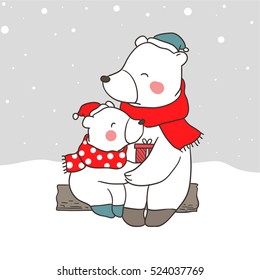 Cute draw vector illustration background winter with cute little bear hug give a gift for dad.Doodle cartoon style.