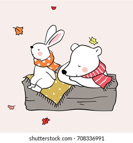 Cute draw vector illustration background character design of big bear and little bunny happy to sleeping in autumn season.Doodle cartoon style.