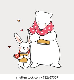 Cute draw vector illustration background character design big bear and little rabbit standing in leaves fall autumn season and beauty scarf.Doodle cartoon style.