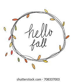 Cute draw vector illustration beauty leave wreath in autumn season,wording hello fall.Doodle style