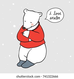 Cute draw vector illustration character design white bear sitting in winter season with red sweater and speech bubble so happy.Doodle cartoon style.