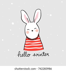 Cute draw vector illustration character design portrait cute rabbit  with red sweater in snow background fir winter.Doodle cartoon style.