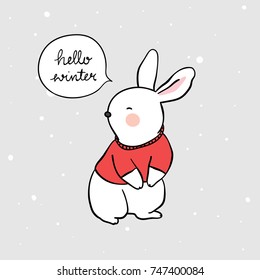 Cute draw vector illustration character design portrait cute rabbit  with red sweater in snow background for winter.Doodle cartoon style.