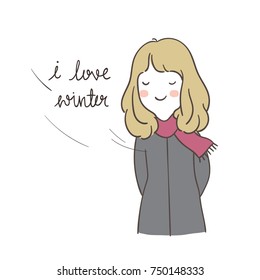 Cute draw vector illustration character design portrait cute girl and word I love winter.Doodle cartoon style.